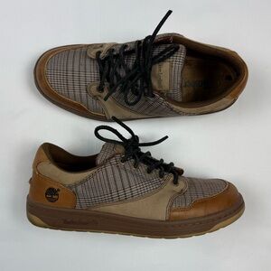 Vtg Timberland Mens Deck Shoes US 9 Leather/Canvas Plaid Brown